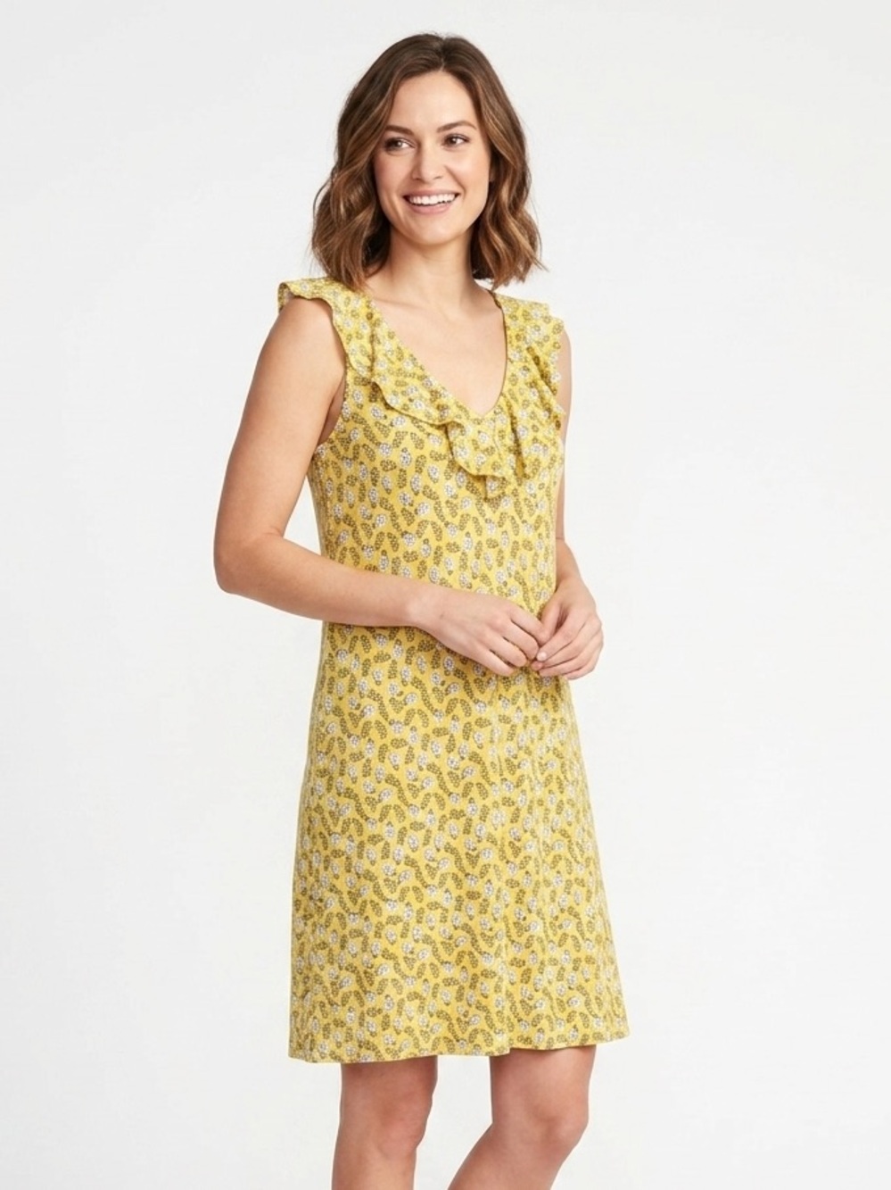 LOFT Yellow Pineapple Print Ruffle Neck Sleeveless Shift Dress Size Small